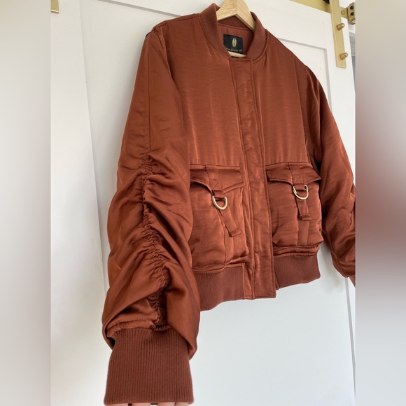 House Of Harlow 1960 Satin Bomber Jacket Women’s Medium Metallic Brown Ruched - Picture 6 of 16